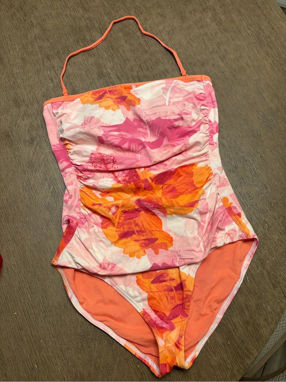 TOMMY BAHAMA pink water color pink orange Bandeau One-piece Swim 14